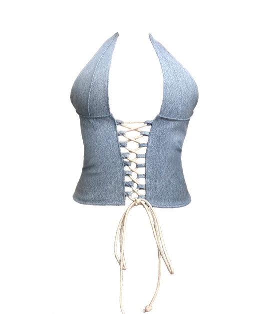 CHRISTINA Denim Lace Up Top